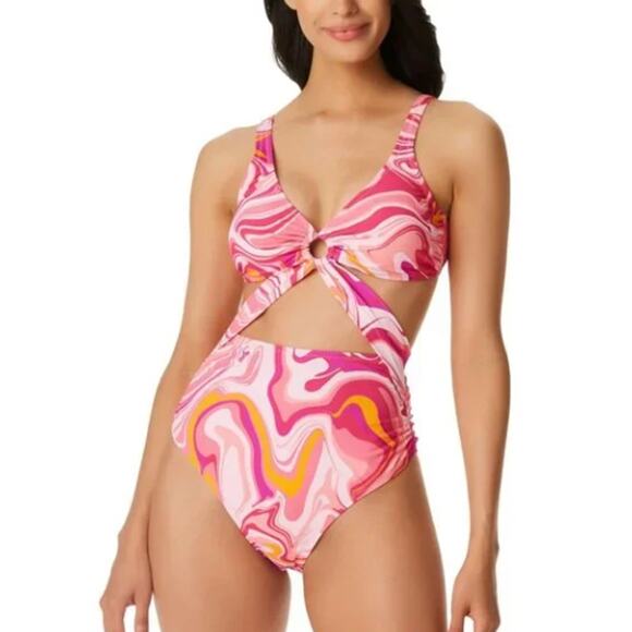 Jessica Simpson Pink One Piece O-Ring Peek-a-Boo Cutout High Leg 70's Small NWT - Picture 1 of 5